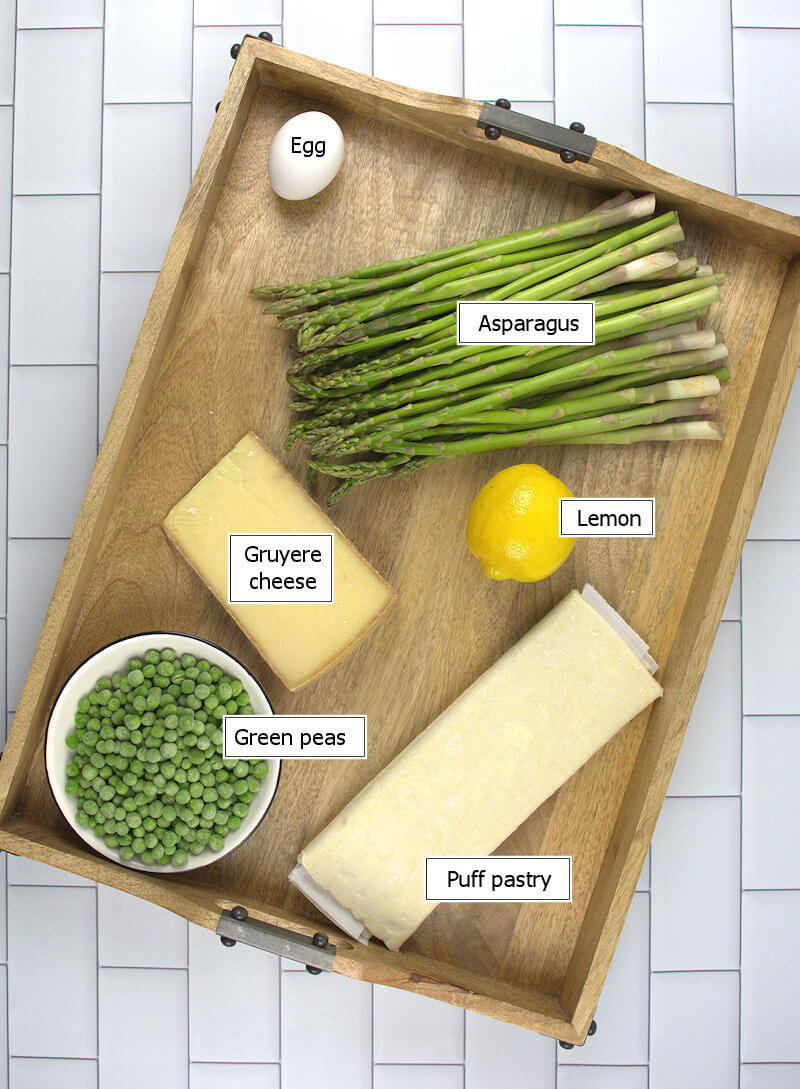 Key ingredients to make Asparagus Tart with Peas and Gruyere