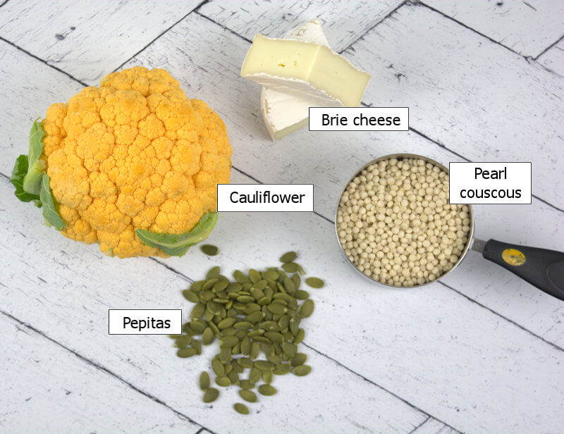 Key ingredients to make Cauliflower Couscous with Brie and Pepitas