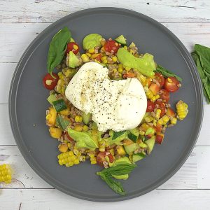 Farro, Corn Salad with Peach and Burrata
