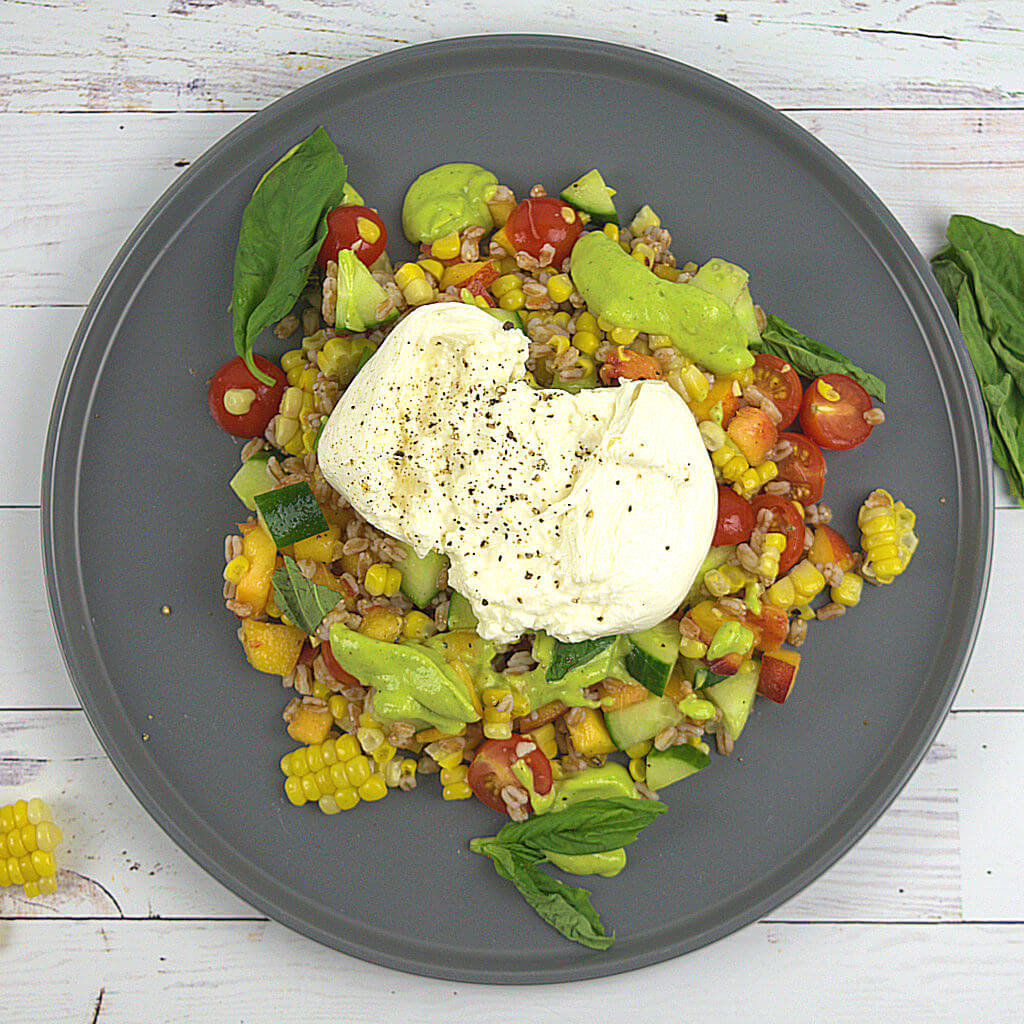 Farro, Corn Salad with Peach and Burrata
