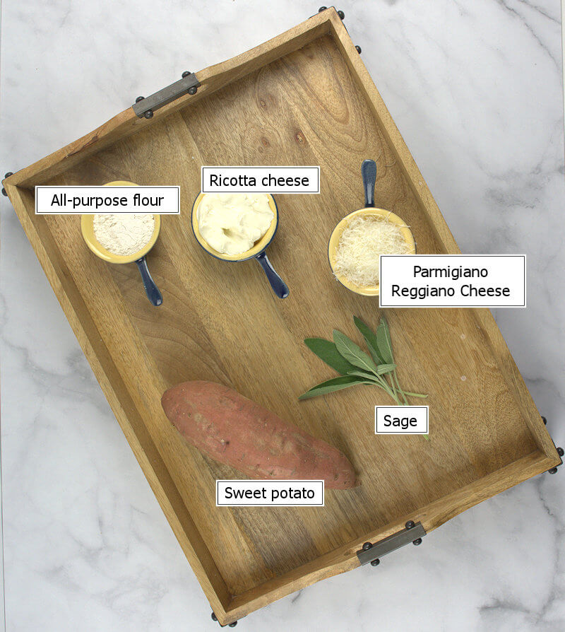 Key ingredients to make Sweet Potato Ricotta Gnocchi in Cheese Sauce