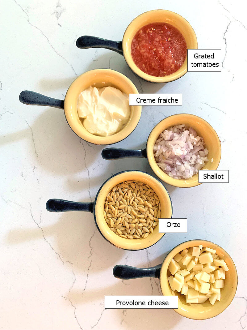 Key ingredients to make Creamy Orzo with Grated Tomatoes
