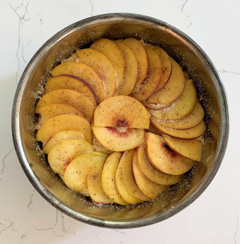 Peach Cake ready to go in oven