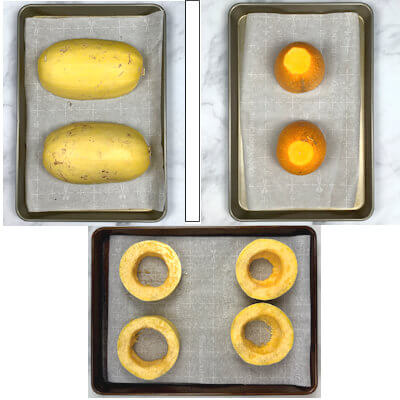 Step 4 - Turn the squash halves over, cut side down on a baking dish, lined with parchment paper. No need to rub with olive oil or to poke holes in the skin.Bake in a 375 degrees F oven for about 30-35 minutes. For the slices, both sides are cut side. So bake them and turn them half way through the baking time. Oven temperature is the same, but cooking time is around 20-25 minutes. Don't cook them too long, as they may become mussy.
