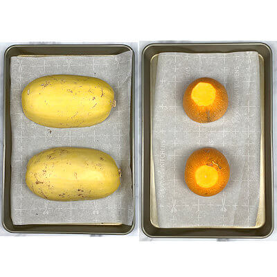 Step 4 - Turn the squash halves over, cut side down on a baking dish, lined with parchment paper. Bake in a 375 degrees F oven for about 30-35 minutes.