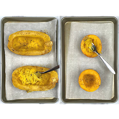 Step 5 - This is the fun part. When the squash halves are done, turn them over and with a fork, scrape/scoop out the spaghetti.