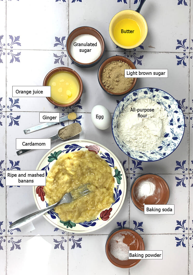 Ingredients to make Light and Fluffy Cardamom Banana Bread