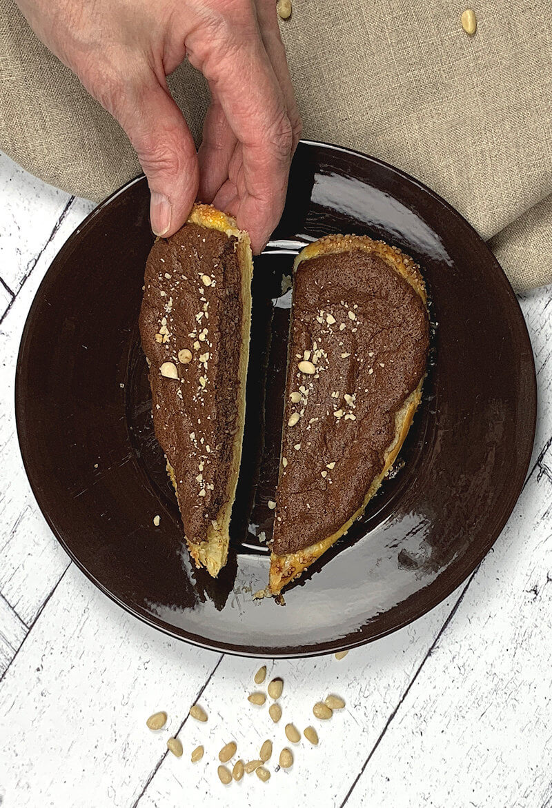 Rustic Chocolate Puff Pastry Heart for Two cut in half.