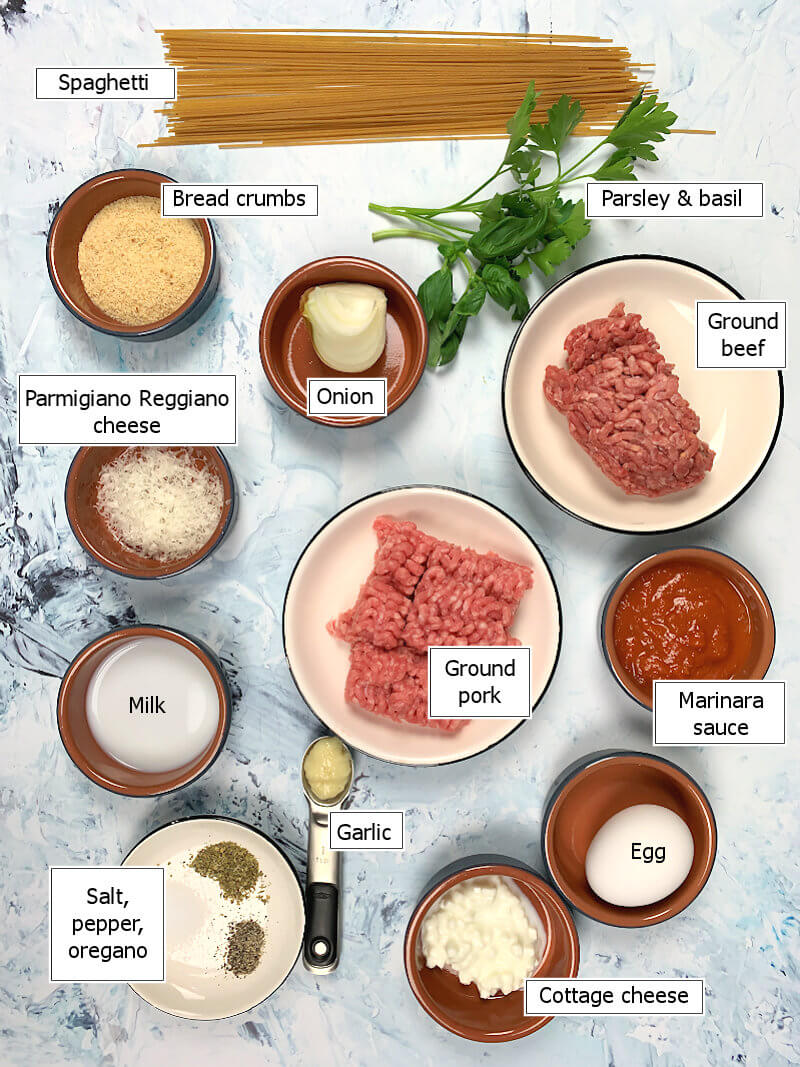 Key ingredients to make Spaghetti and Mini Meatballs
