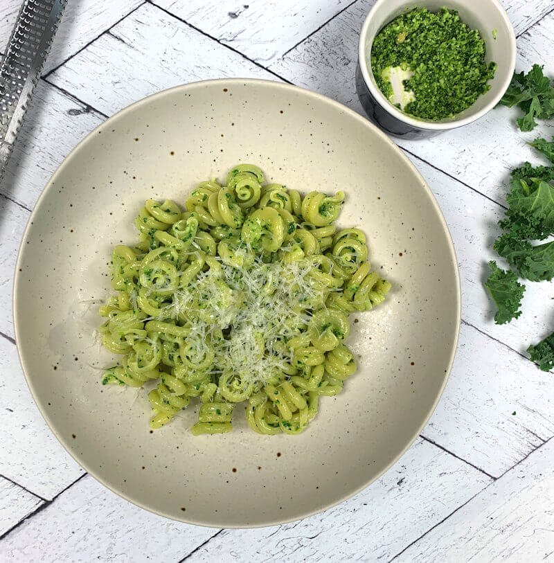 Kale Pesto Pasta in a light grey bowl