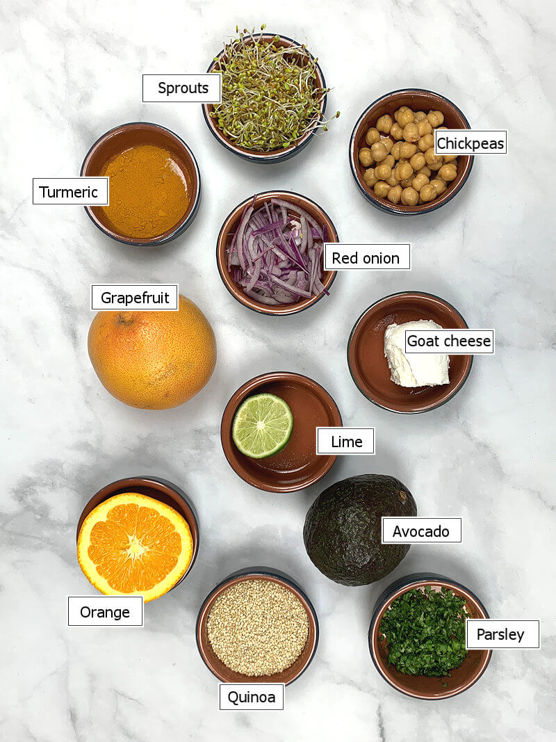 Key ingredients to make Quinoa Chickpea Salad with Grapefruit