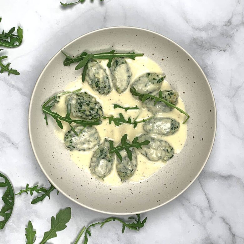 Arugula Malfatti with Pecorino Sauce