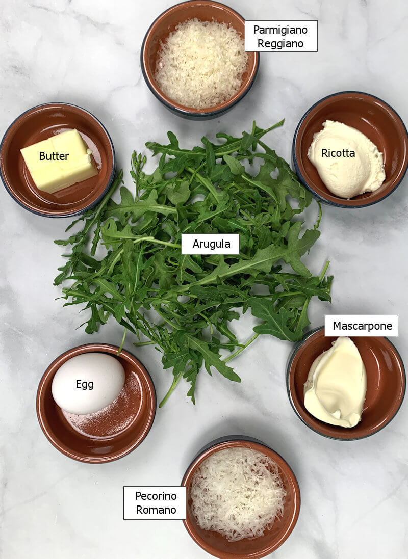 Key ingredients to make Arugula Malfatti with Pecorino Sauce