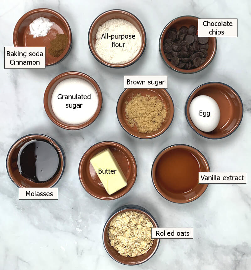 Ingredients to make Oatmeal Chocolate Chip Cookies