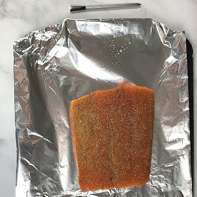 Step 1 - Prepare your grill and the salmon. I prefer to grill salmon on a perforated grill pan covered with aluminum foil and I set my gas grill to 400°F. Spray the foil with cooking spray. Place the salmon on top of that, skin down. Mix the dry rub spice with salt and pepper and apply to the salmon. Grill the salmon until done, internal temperature should be 145°F. I always use my favorite tool for that; the Meater.