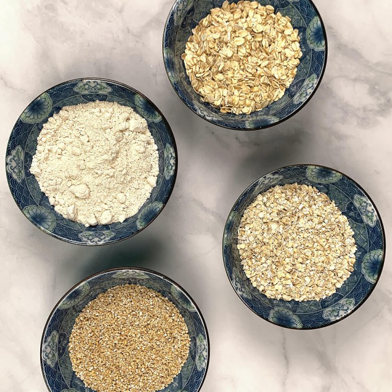 4 bowls of different types of oat