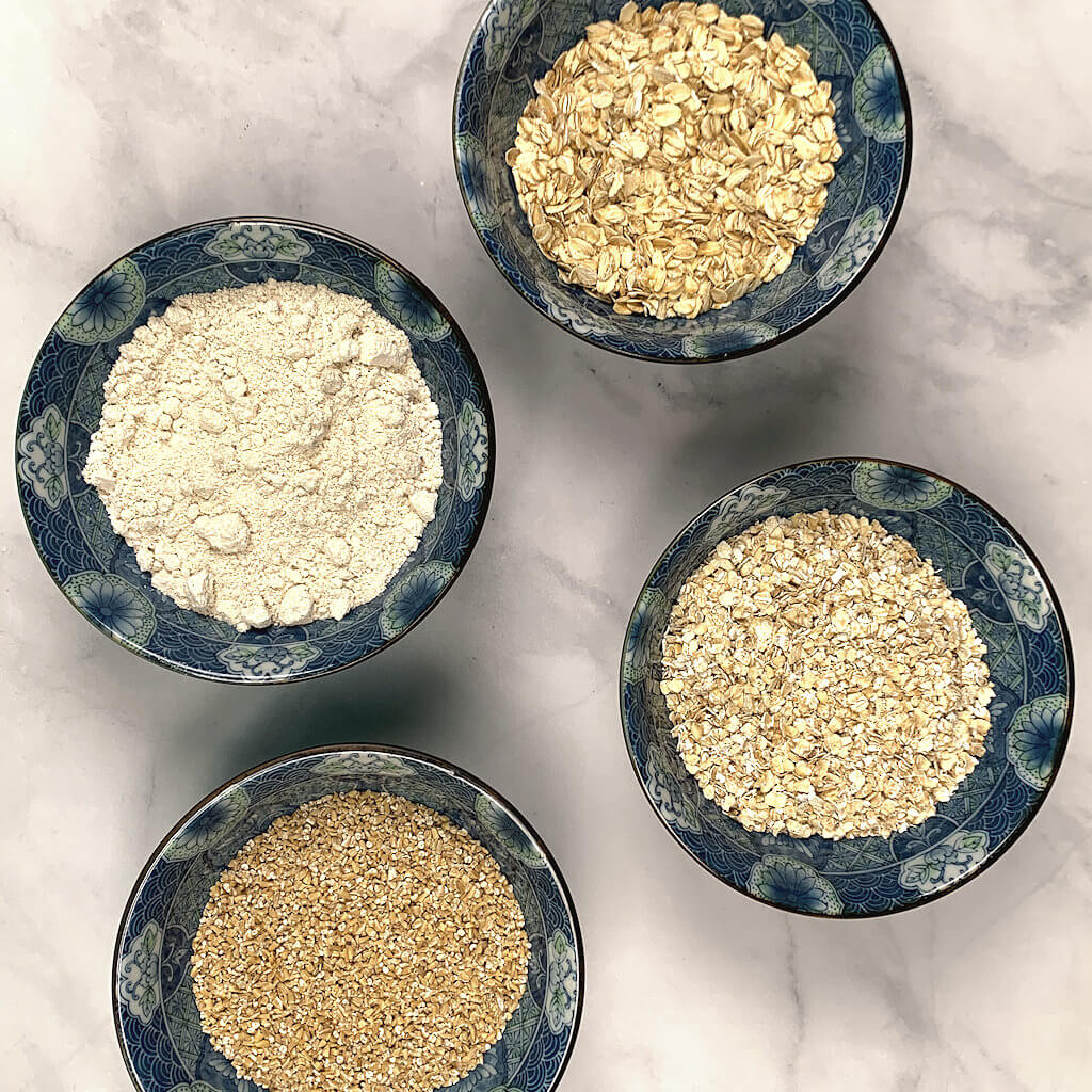 4 bowls of different types of oat
