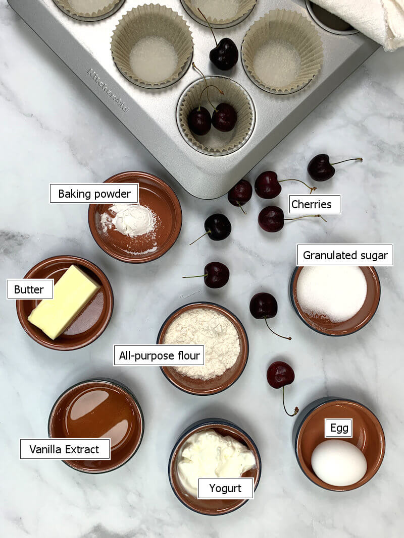 Key ingredients to make Cherry muffins with streusel topping