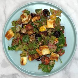 Cherry Romaine Salad with Halloumi
