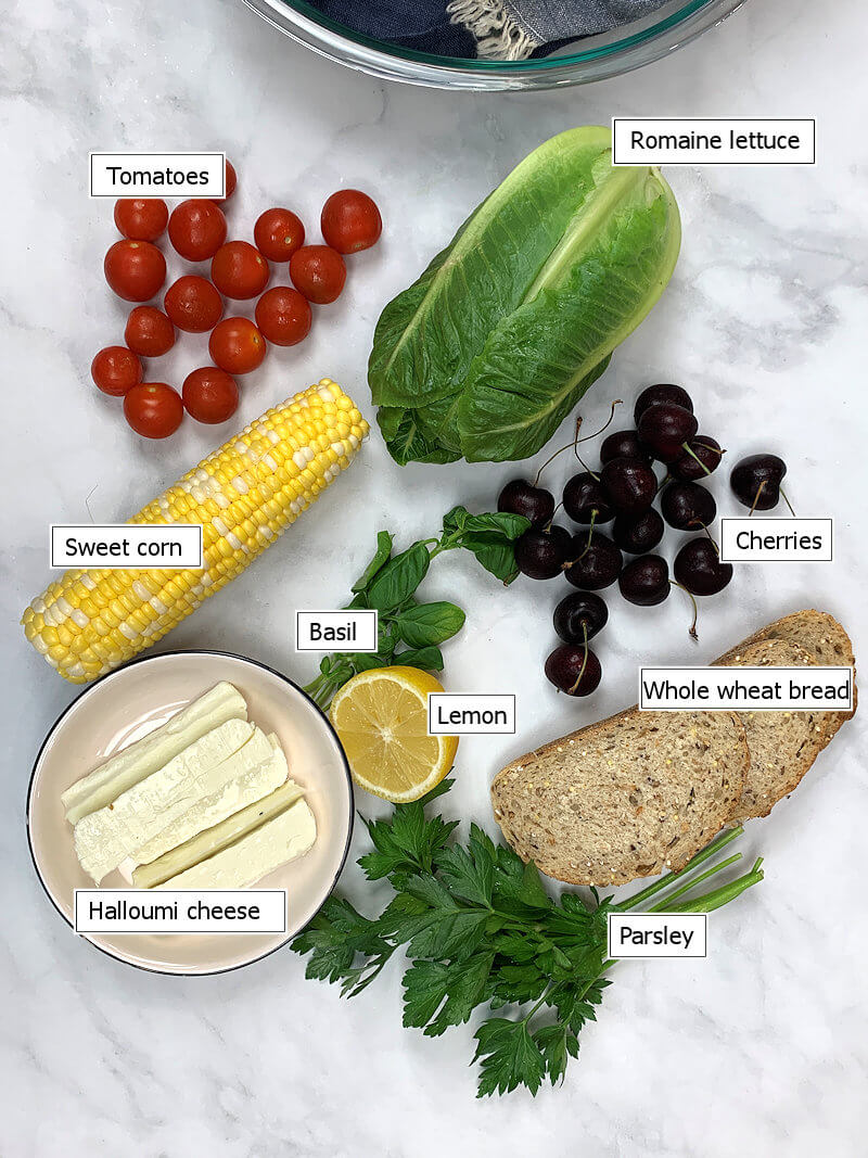 Key ingredients to make Cherry & Romaine Salad with Halloumi