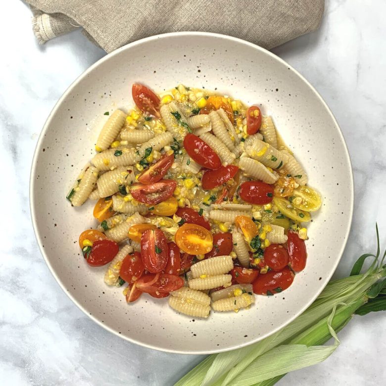 Summer Corn Tomato Pasta with Basil