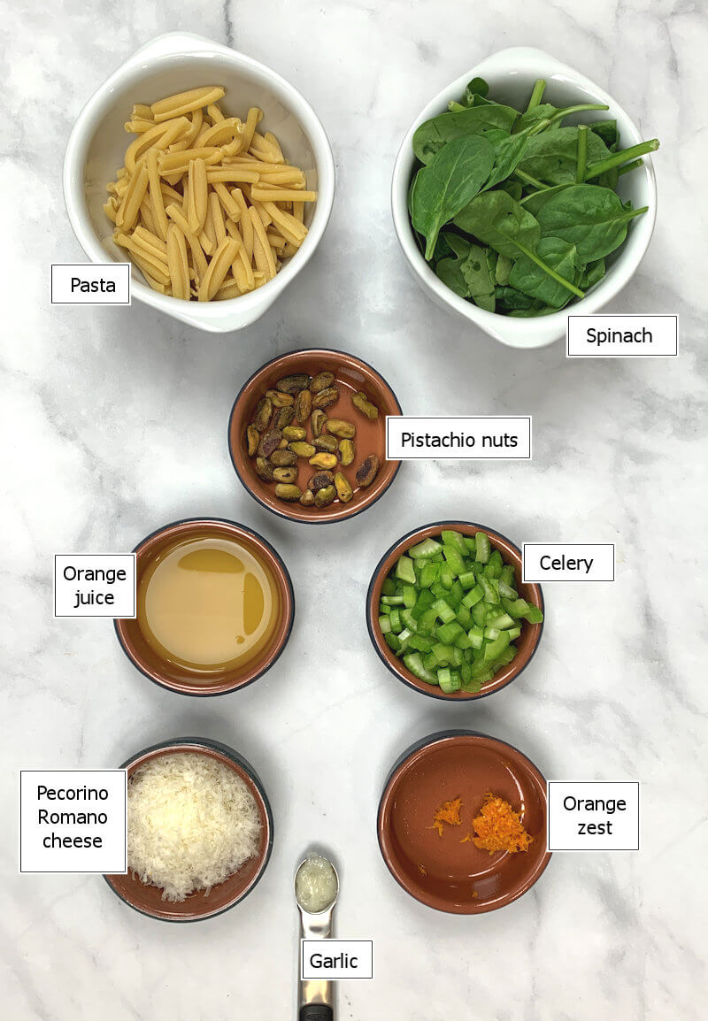 Key ingredients to make Pasta with Orange Pistachio Pesto
