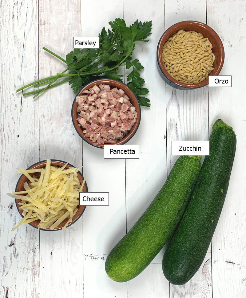 Key ingredients to make Zucchini Orzo Carbonara