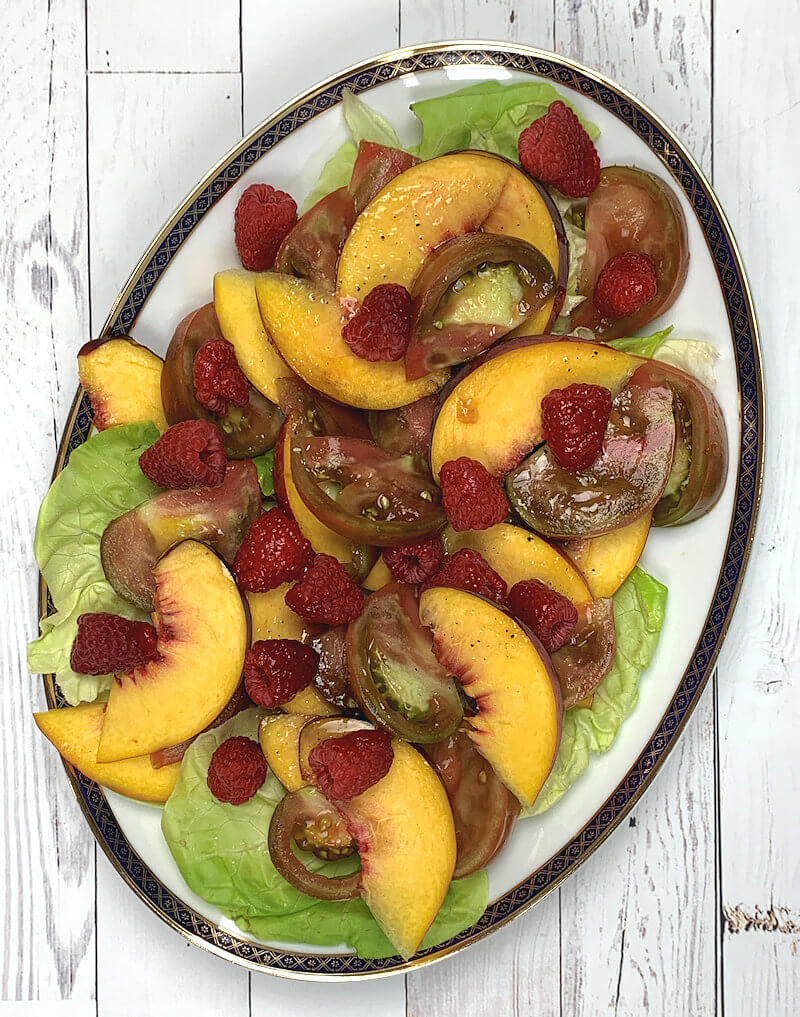 Large dish with Butter Lettuce Salad with Peach & Tomatoes