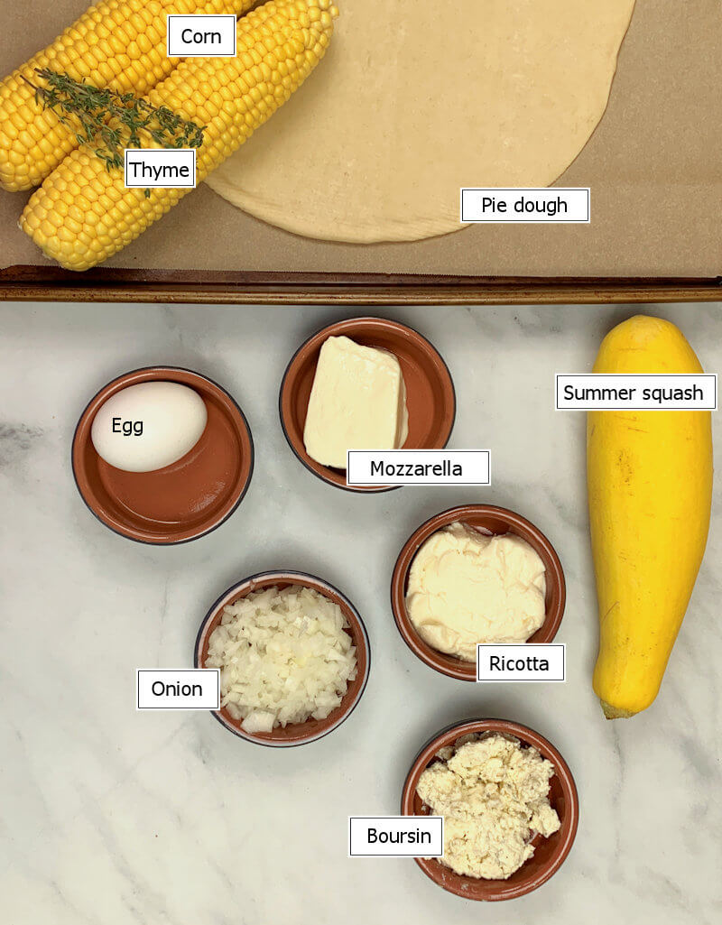 Key ingredients to make Corn and Summer Squash Galette