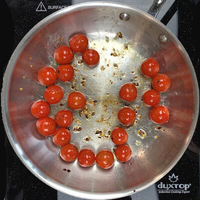 Step 1 - Heat olive oil in a skillet and add the cherry tomatoes. Saute for 3-5 minutes on high heat. Once blistered, add garlic paste and red pepper flakes and heat on medium until fragrant, about 30 seconds.