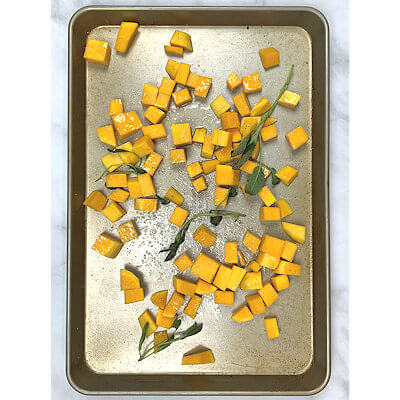 Step 1 - Peel the butternut squash and chop in cubes and roast in oven.