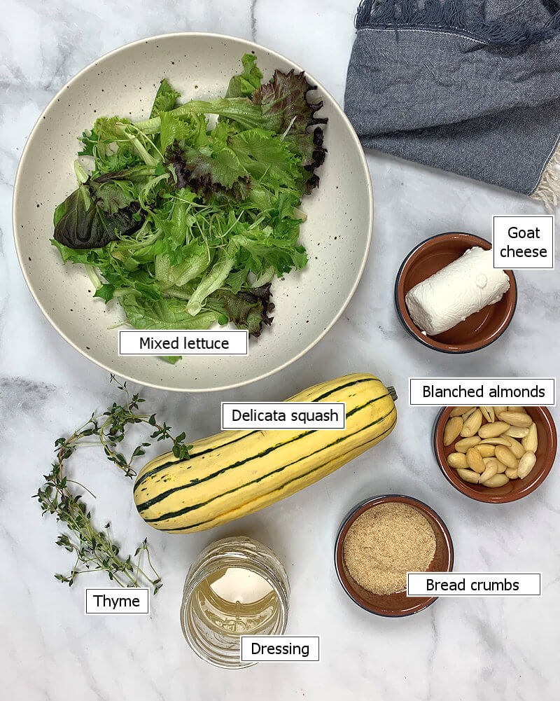 Key ingredients to make Delicata Squash Salad with Roasted Goat Cheese