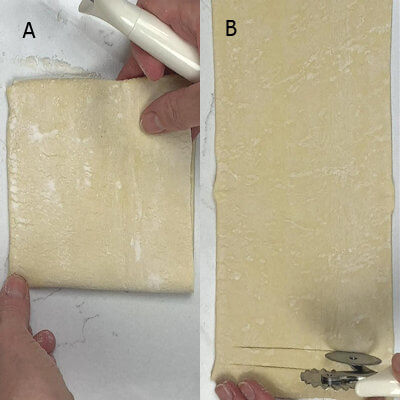 Step 3A - Fold the pastry dough in half and punch the seam at each edge. This way you know what the middle is.B - Fold it back open and cut slits in one half of the pastry dough, leaving about 1/2-inch border and 1/2-inch between slits.