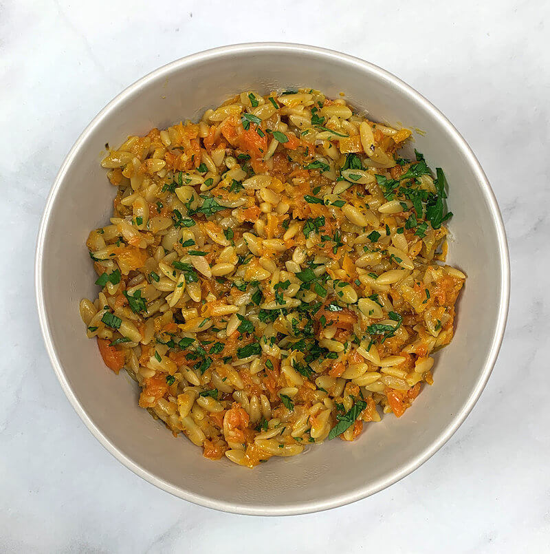Carrot & Pepper orzo in bowl