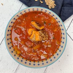 Tomato Farro Soup with Grilled Mimolette