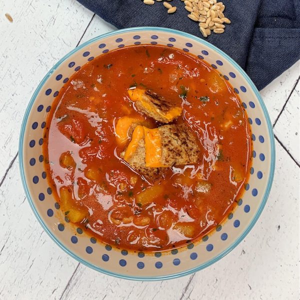 Tomato Farro Soup with Grilled Mimolette
