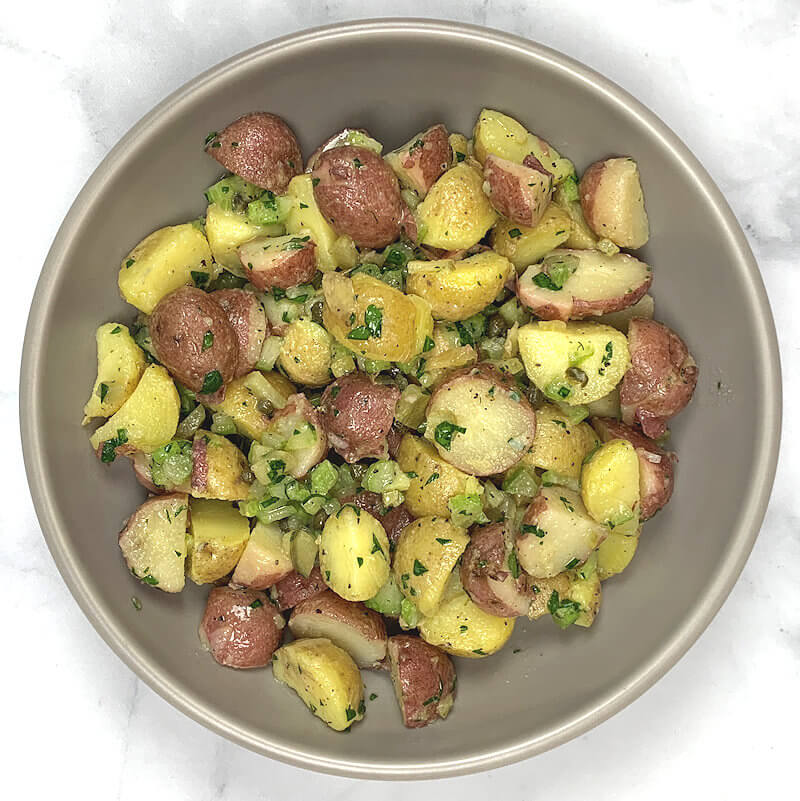 Grey bowl with French Potato Salad
