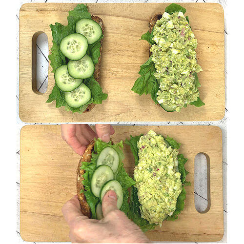 2 image of wooden planks. One image with one slice with lettuce, cucumber and avocado egg salad and the other with lettuce and cucumber. Second image is two hands folding one half over the other.