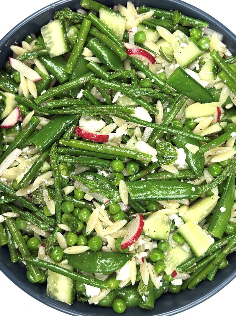 Close-up of Asparagus Pasta Salad. You can clearly see all ingredients and the small radishes popping.