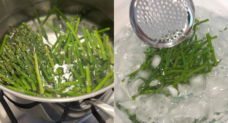 Step 2 - Bring a pot of water and salt to boil. Add the asparagus and blanch for about 1 minute. Remove the asparagus from the boiling water with a slotted spoon and plunge them into the ice bath.