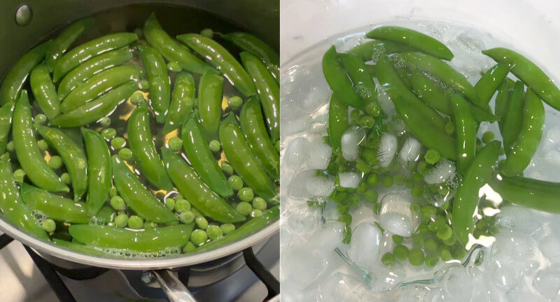 Step 3 - Bring the same water back to a boil and add the green peas and snap peas. Blanch both peas for 1-2 minutes, remove them and add them to the ice bath as well. Keep the water.