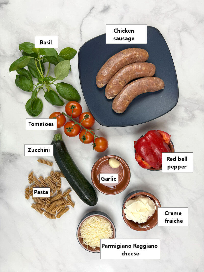 Ingredients to make Roasted Vegetable Pasta with Sausage