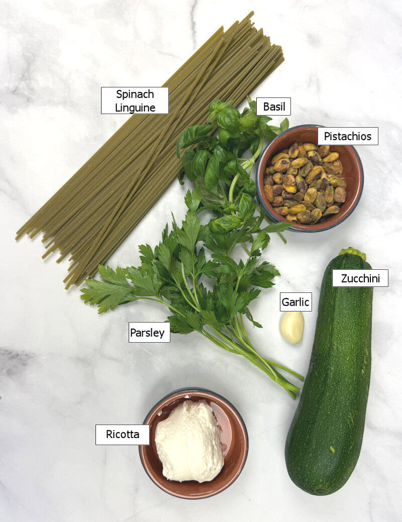 Ingredients to make Zucchini Pasta with Pistachio-Basil Pesto