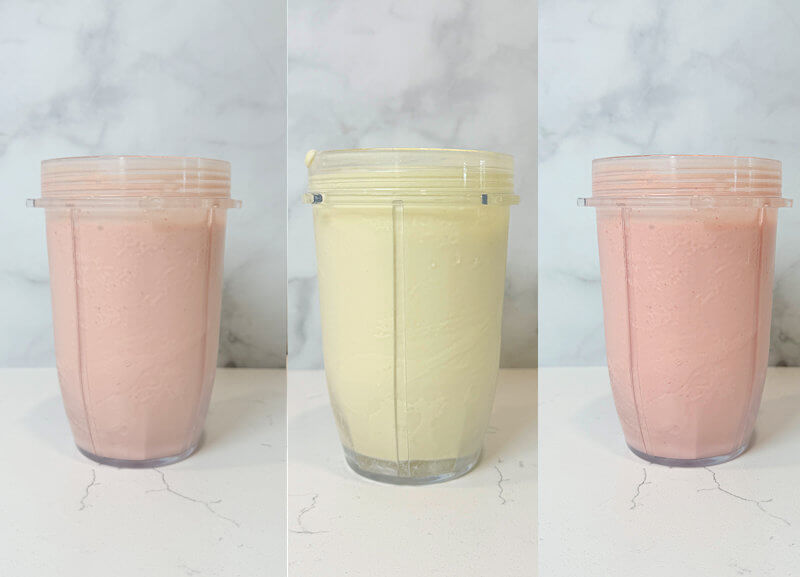 The same 3 smoothies blended, still in food processor beakers.