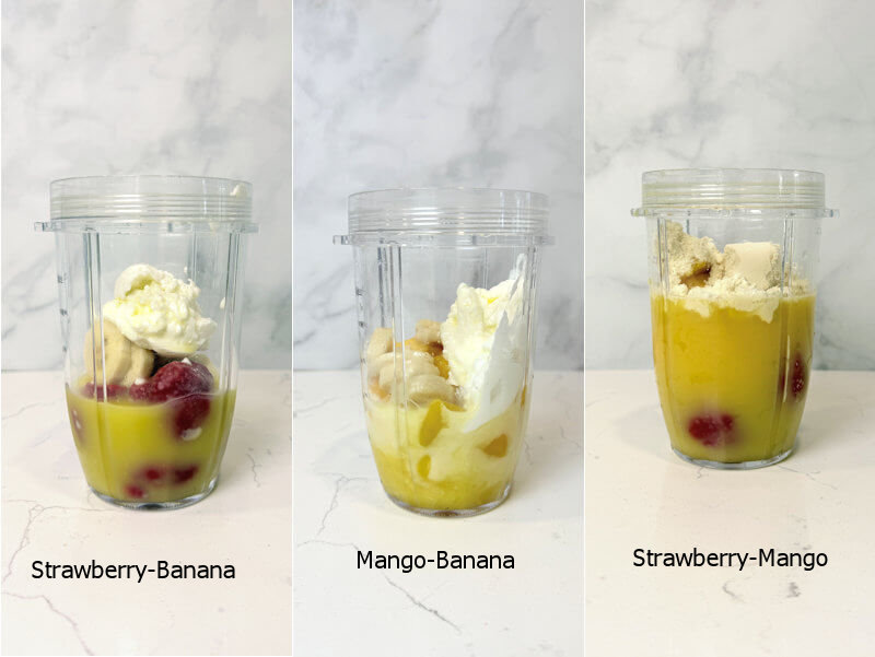 3 food processor beakers with 3 different blends.