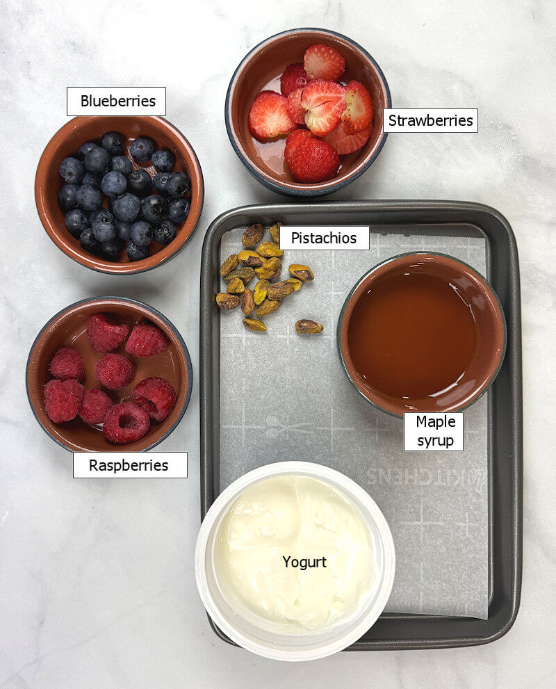 Key ingredients to make frozen yogurt berry bark