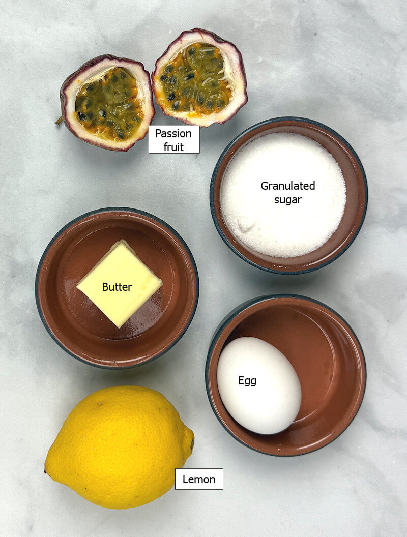 Key ingredients to make passion fruit curd