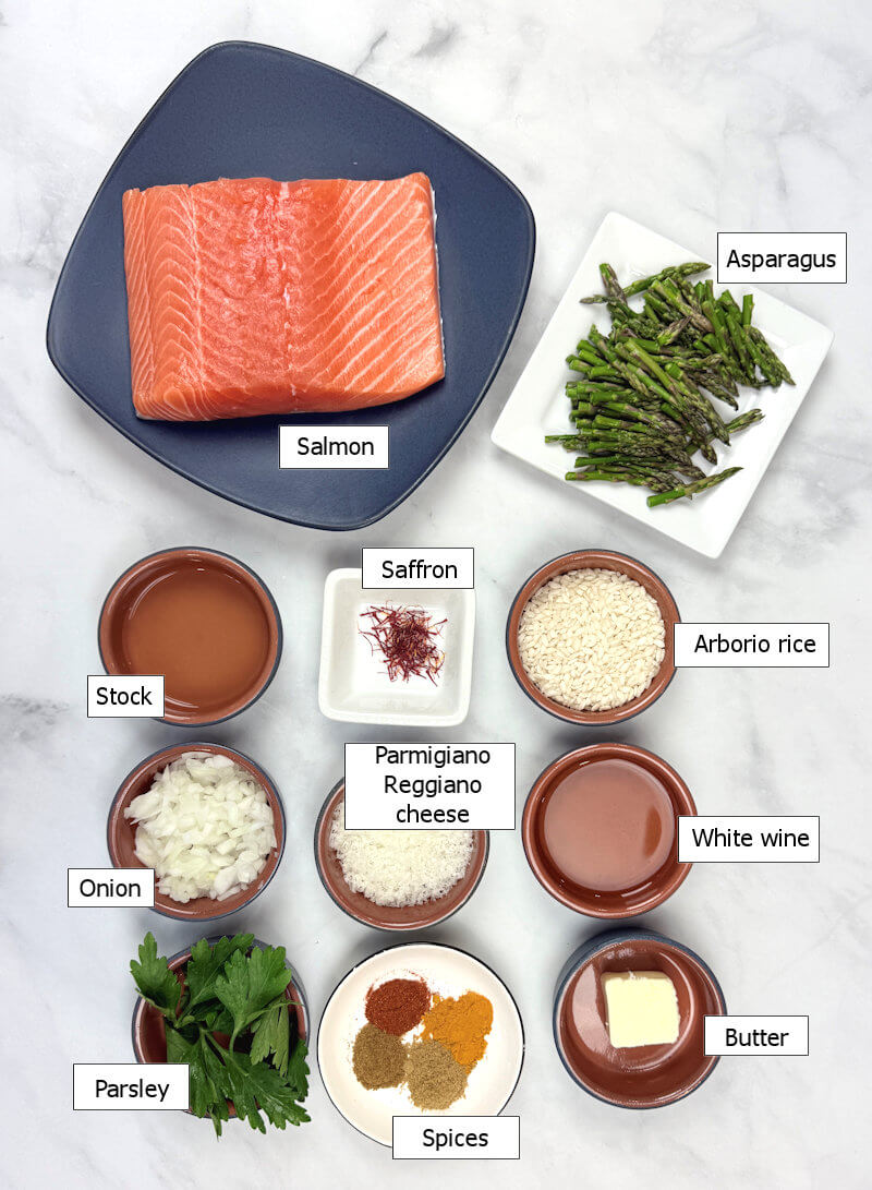 Key ingredients to make Saffron Risotto with Asparagus & Salmon