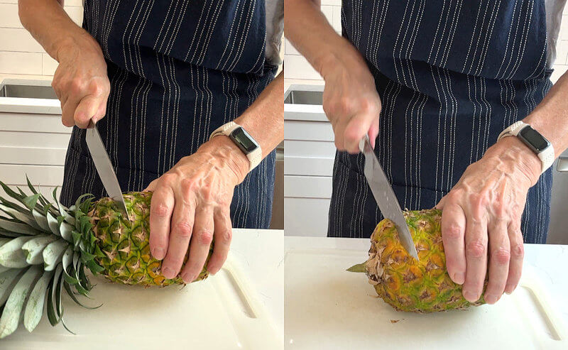 Step 1 - Place the pineapple on its side on a cutting board, using a sharp knife slice off the crown and the base. Cut close to the leaves and cut about 1/2-inch from the bottom. 