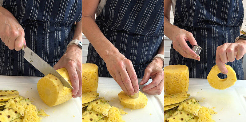 Step 3A - If you want to end up with slices. Place the peeled pineapple on its side and cut slices to your preferred thickness. Use a cookie cutter to cut out the core.